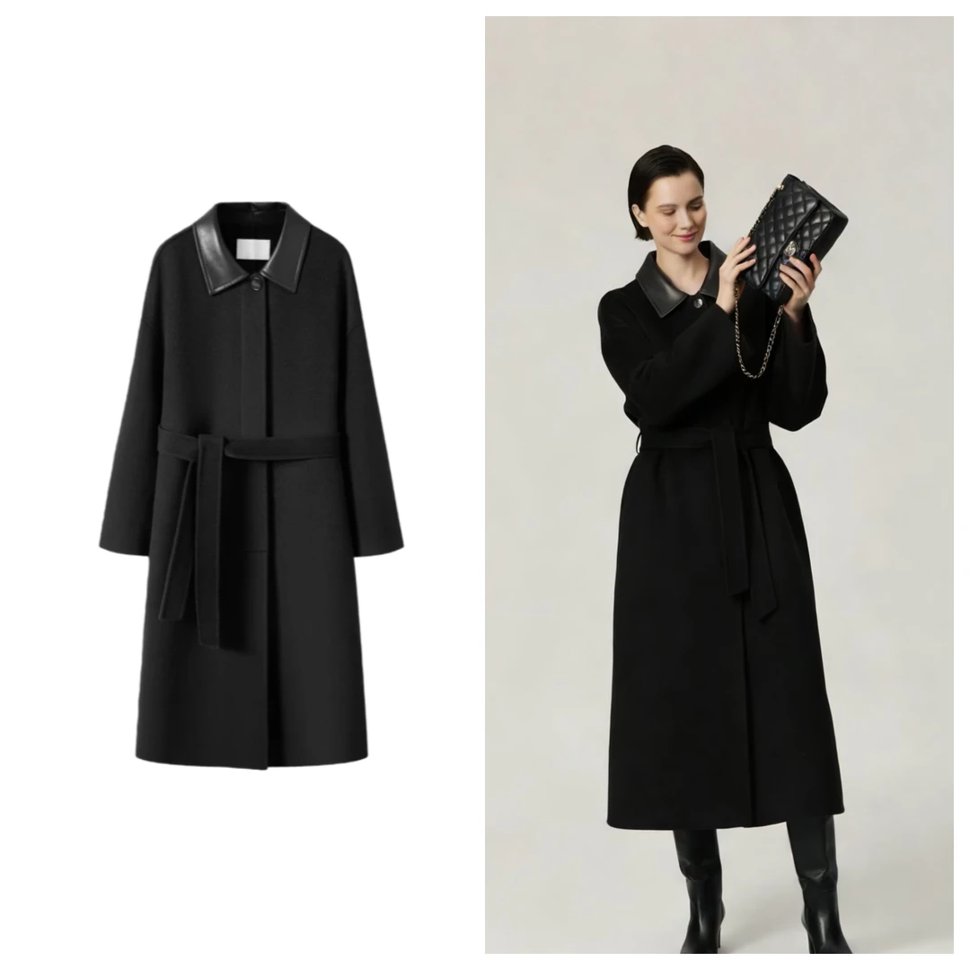 冬季毛呢外套~轻奢复古翻领经典长款双面呢大衣YD017