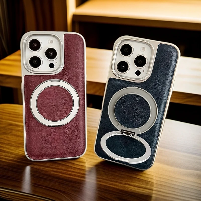 适用于苹果iphone16手机壳电镀皮纹15pro磁吸旋转支架壳商务高级