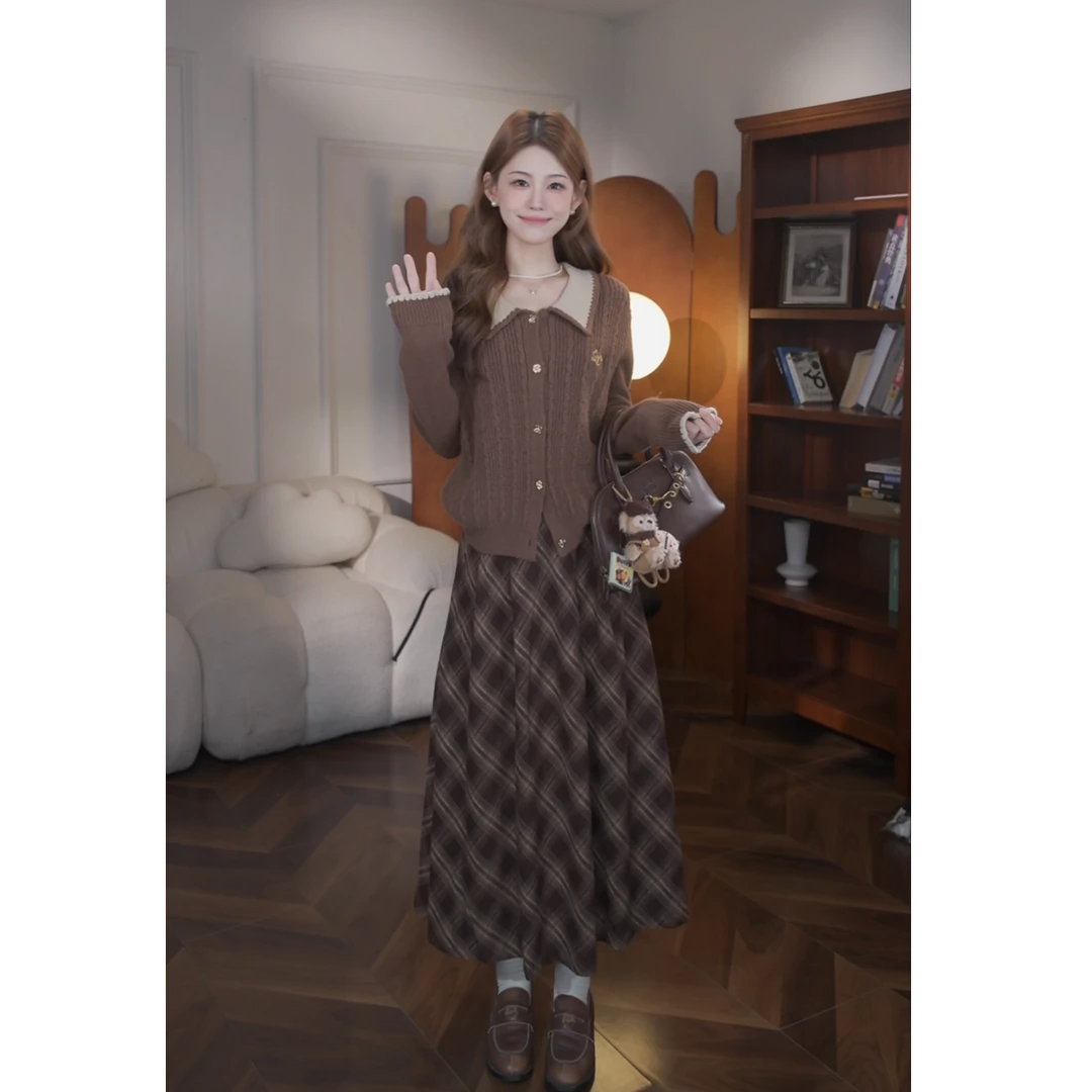 鹿向南【秋阳穿林】秋冬韩系慵懒假两件毛衣开衫格纹半裙套装女