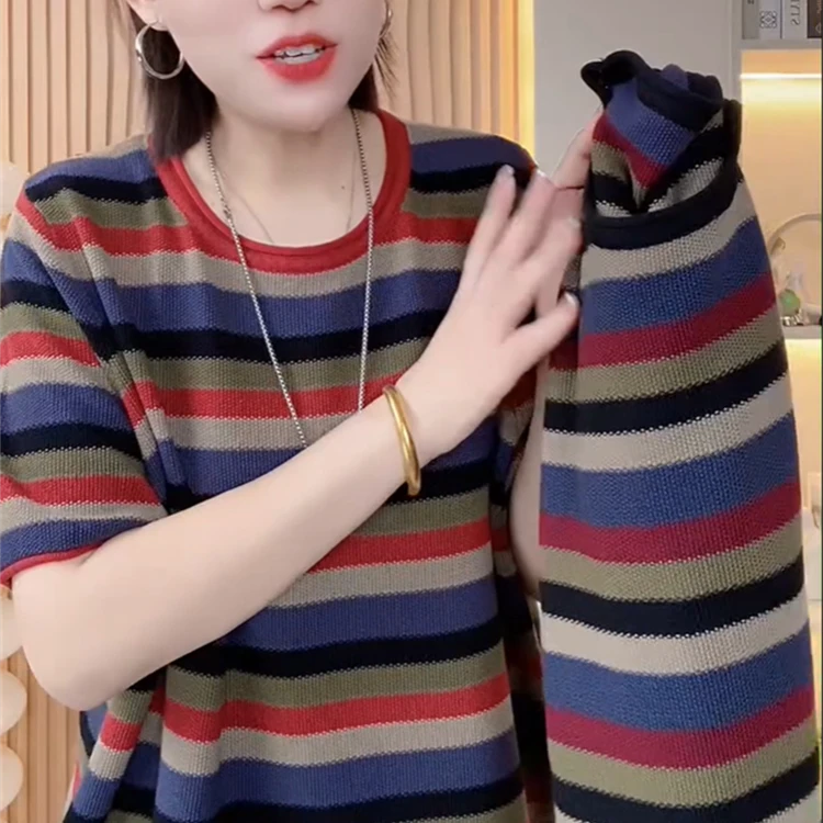 2025夏季新款时尚条纹短袖针织衫简约百搭上衣女圆领显瘦大码T恤