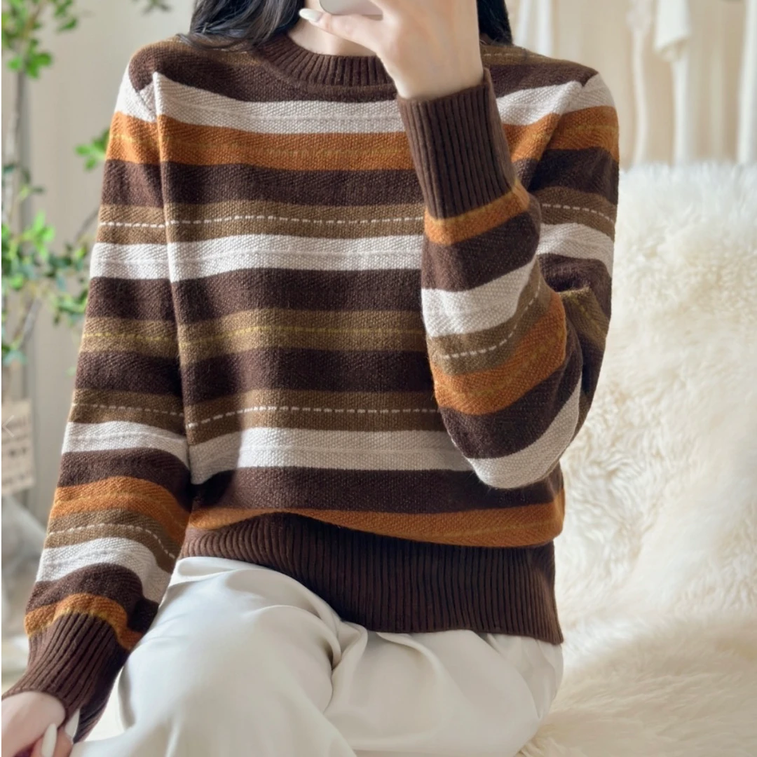 祥好服饰 圆领条纹套头时尚百搭卡卡绒毛衣1752