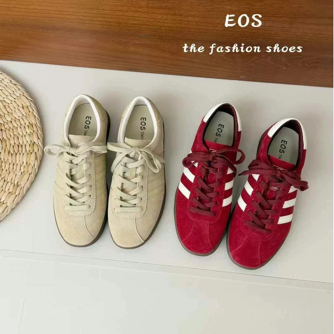 红色德训鞋女2025春新款休闲运动鞋平底板鞋真皮复古阿甘女鞋