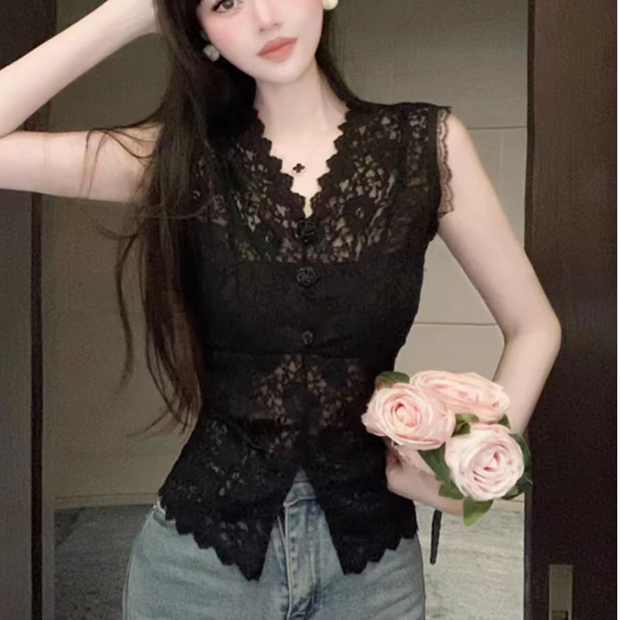 T8夏季V领蕾丝T恤背心玫瑰百搭钩花无袖上衣女