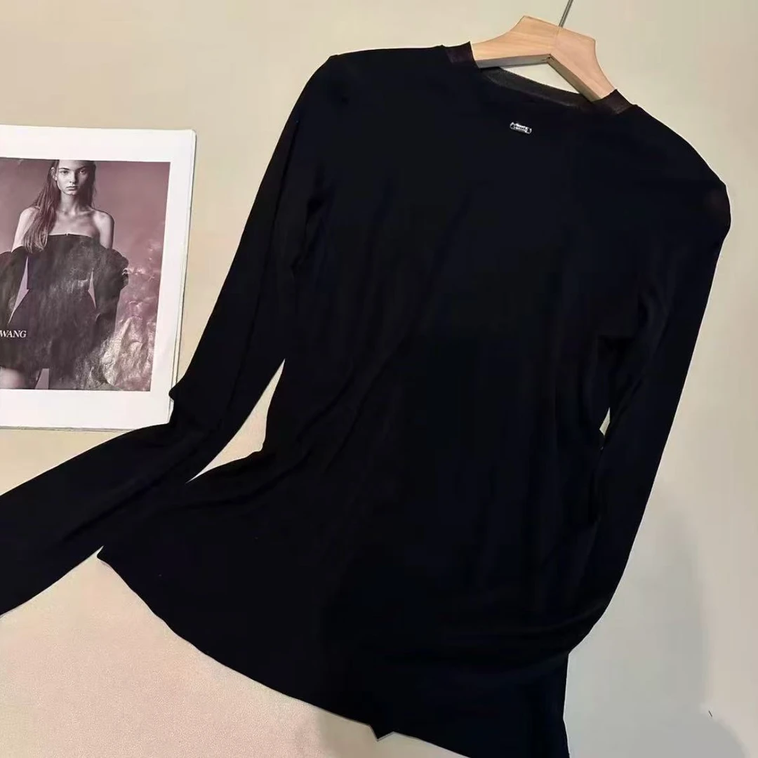 秋季新款长袖打底衫圆领软糯网纱高弹百搭时尚长袖女上衣