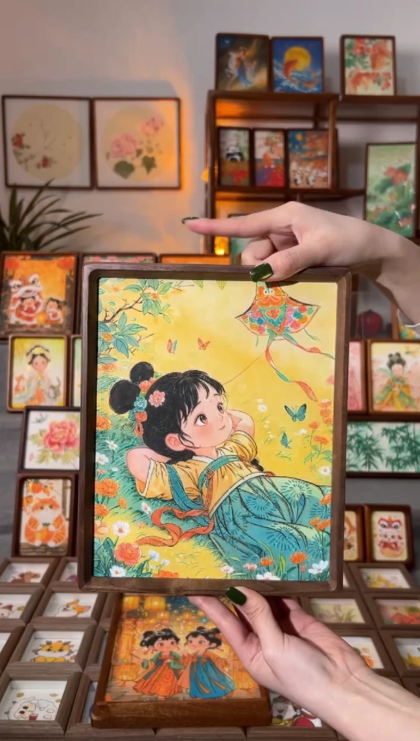 【闪购商品】国画纸鸢女孩 手绘国画10花梨