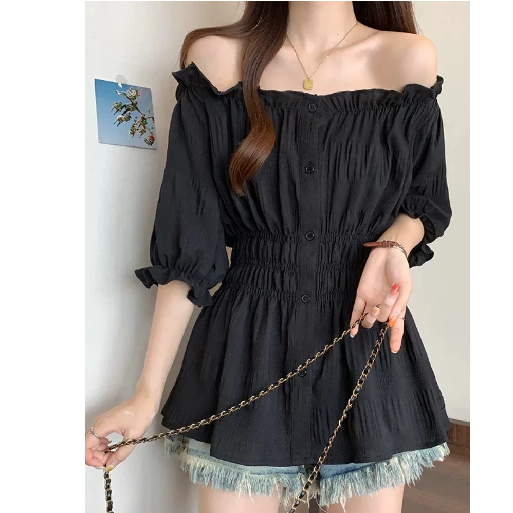 3549大码女装胖mm收腰遮肚高级感雪纺短袖一字肩娃娃衫上衣5099