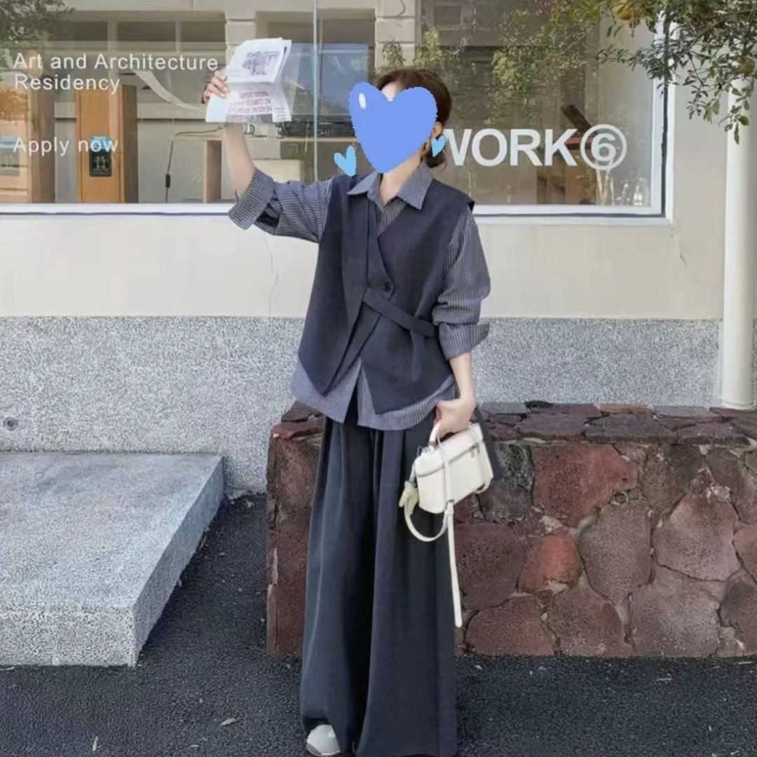 韩系马田条纹衬衫长裤 2025春秋新款松弛感三件