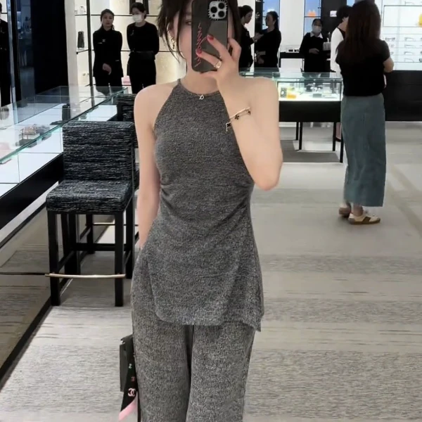 小P衣站气质高级感针织套装裤女夏季无袖开叉上衣微喇长裤两件套