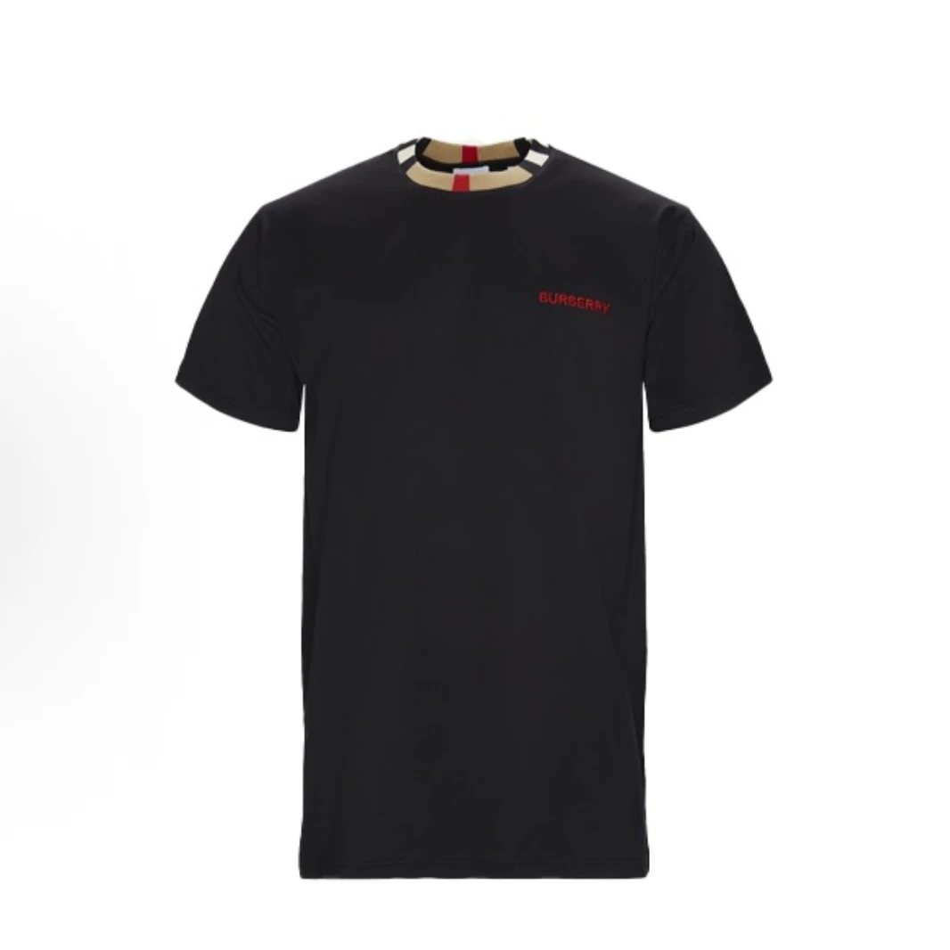 Burberry博柏利 博柏利格纹领口短袖T恤 男款 黑色8007695