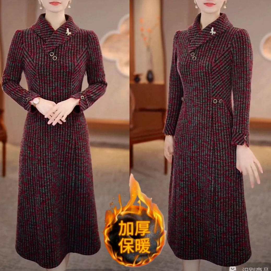 雪尔绒冬季新款国风连衣裙时尚女装洋气减龄显瘦加厚保暖旗袍裙子