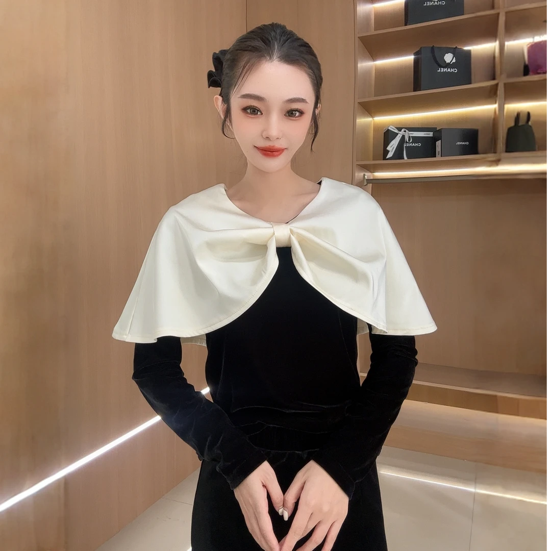 欧货名媛风气质蝴蝶结披肩式假两件丝绒衬衫28836