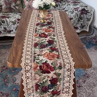 ZN102-242棉麻交织布【40*195】米白色百花齐放水溶边桌布茶几布