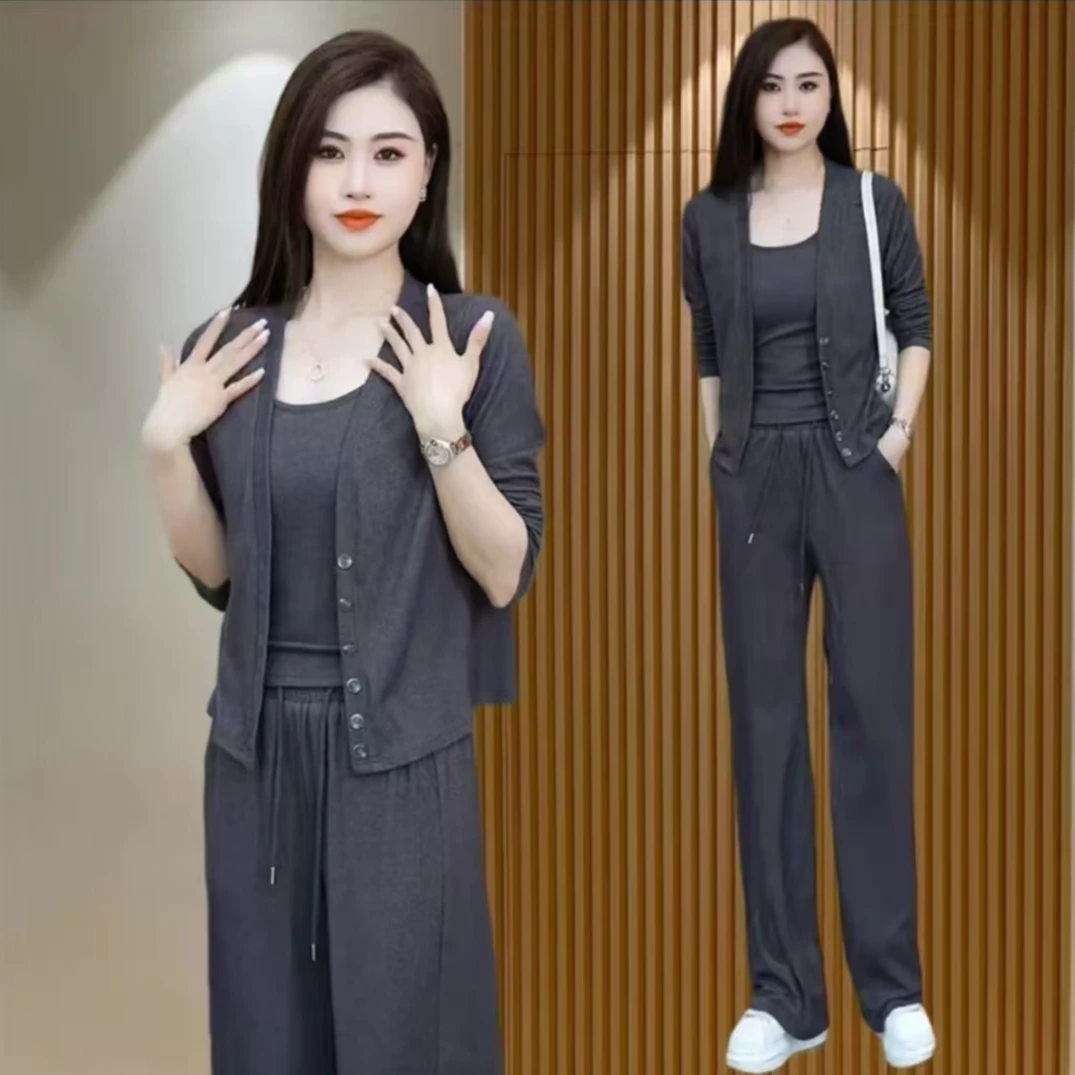 【纽扣减龄三件套】慵懒风时尚休闲套装女新款洋气显瘦开衫背心2575