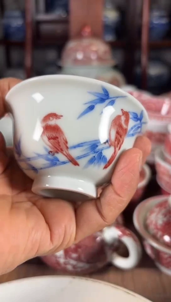 柴窑青花釉里红竹报平安杯杯