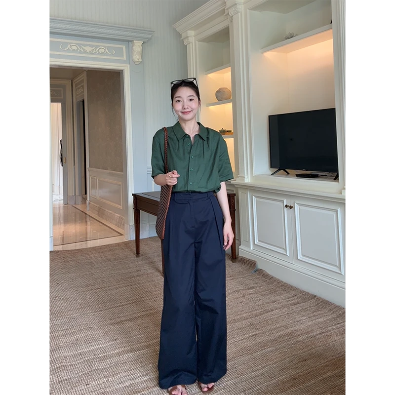郭九九呢 100%亚麻森系宽松显瘦衬衫高腰直筒裤长裤 G925C06715