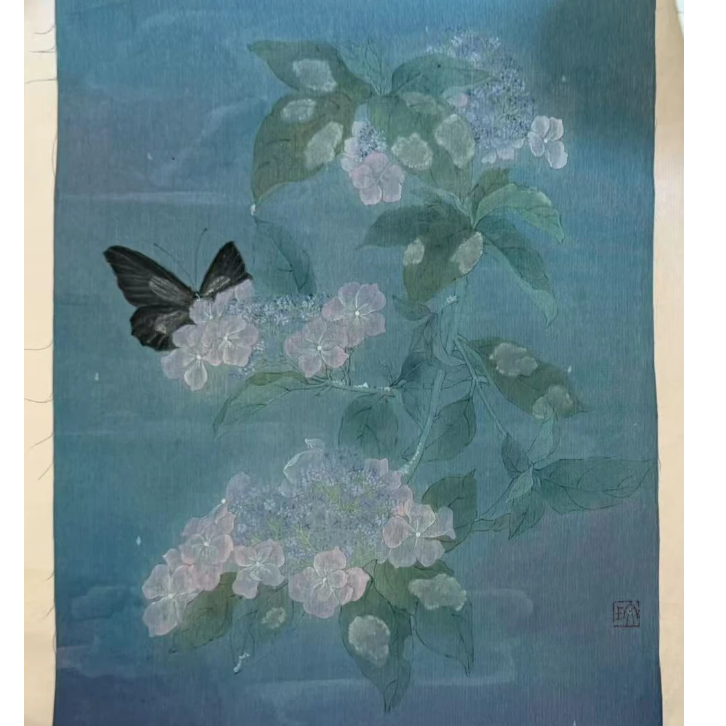 王文文工笔花鸟绢本画闪粉（小）21x26