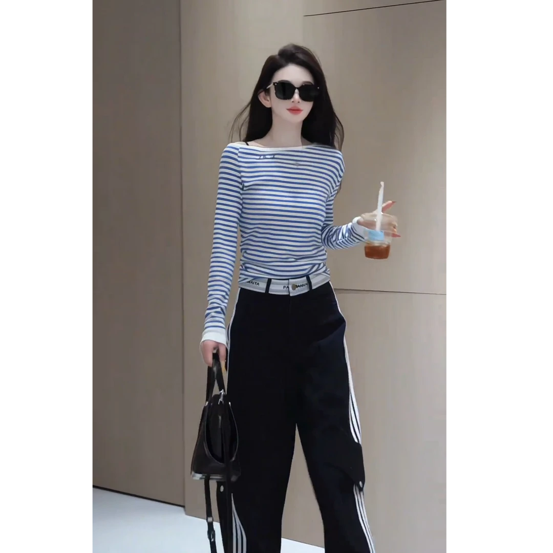 2025夏季时尚套装女设计感斜肩上衣高腰显瘦撞色工装裤长袖两件套