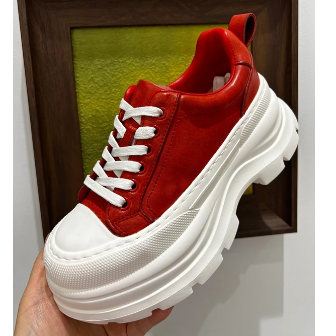 鞋匠华哥纯手工厚底马皮系带板鞋小白鞋女红色休闲鞋超轻增高透气