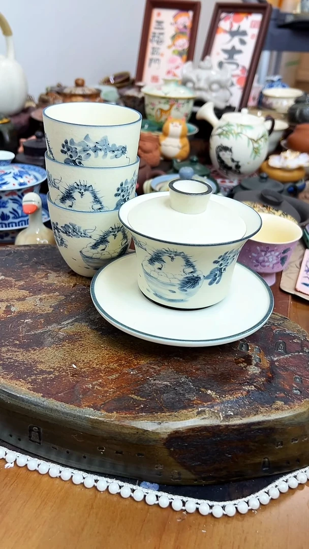 【茶瓷物语】手绘盖碗配3杯