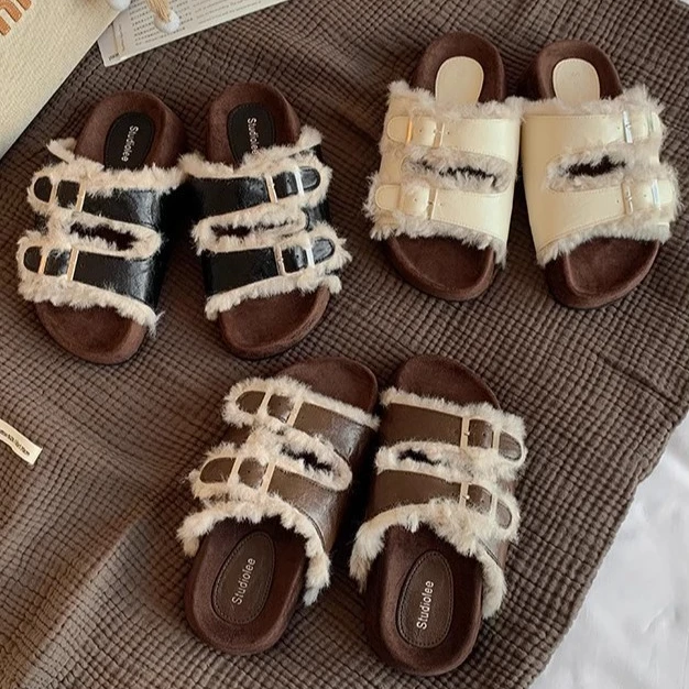 【千寻好物】双扣一字带毛毛勃肯鞋女2025新款懒人外穿厚底时尚拖鞋