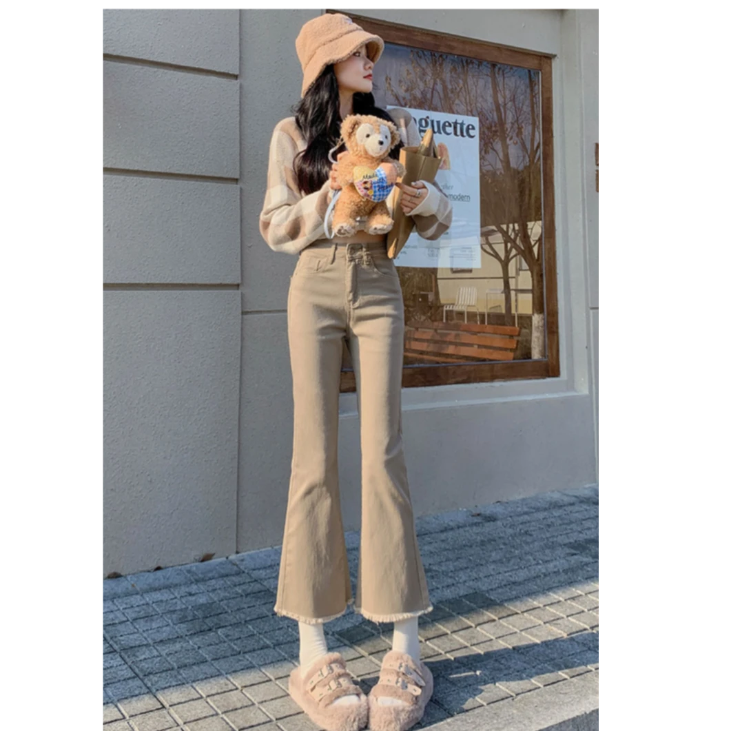 奶茶色毛边设计感微喇九分牛仔裤女高腰修身显瘦显高喇叭裤子836#