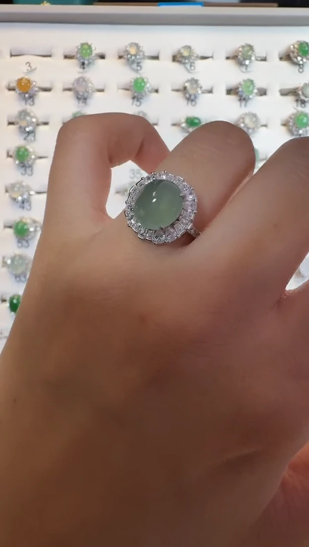 银S925镶嵌戒指翡翠通体925银镶缅甸A货翡翠戒指06135