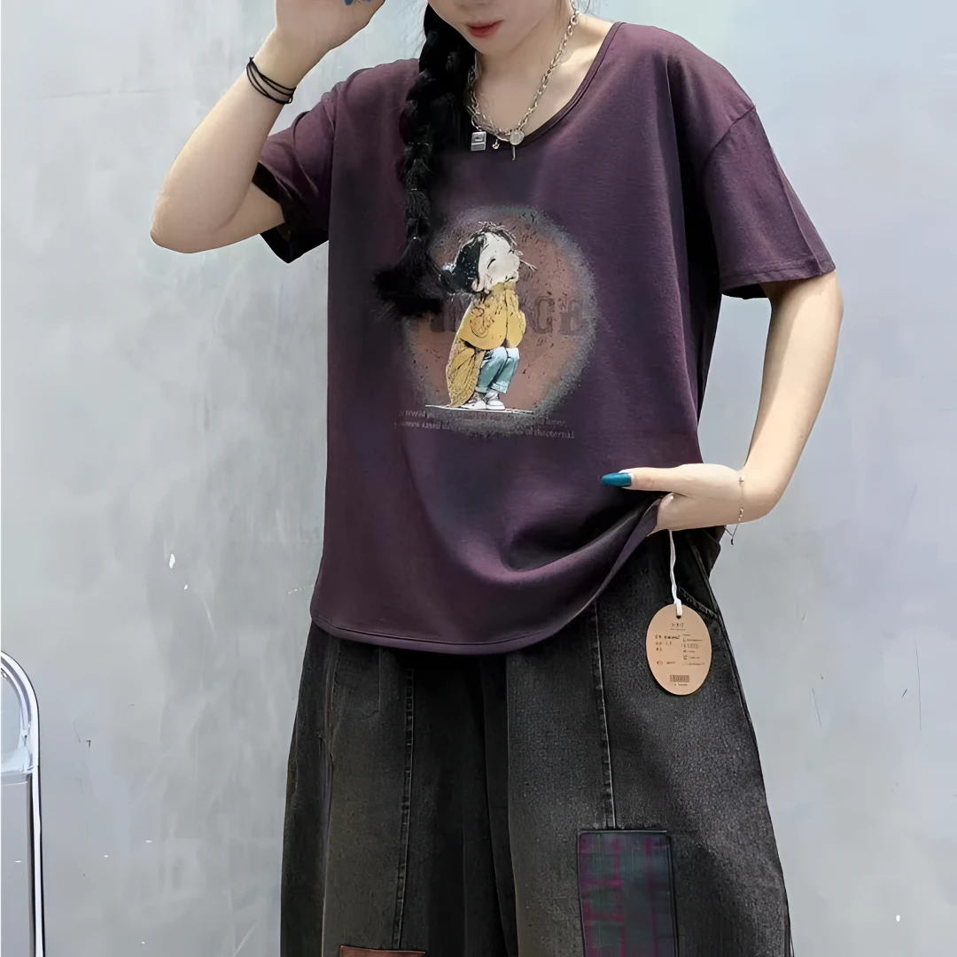 小施家时尚舒爽垂感动漫美女宽松V领T恤6958