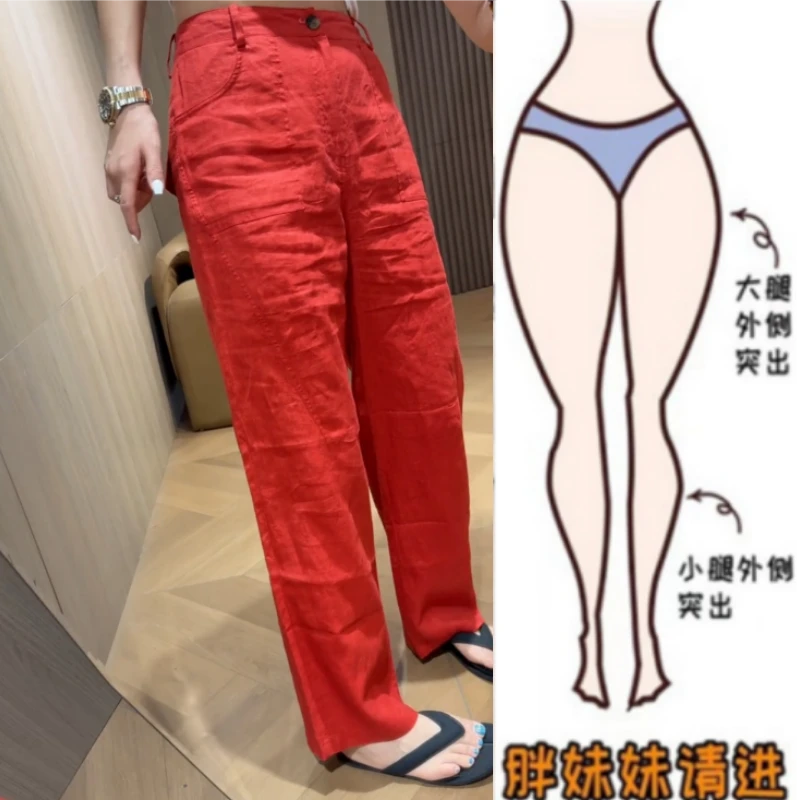 格洛森胖妹妹早秋薄款梨型身材休闲裤高腰百搭显瘦洋气直筒长麻裤