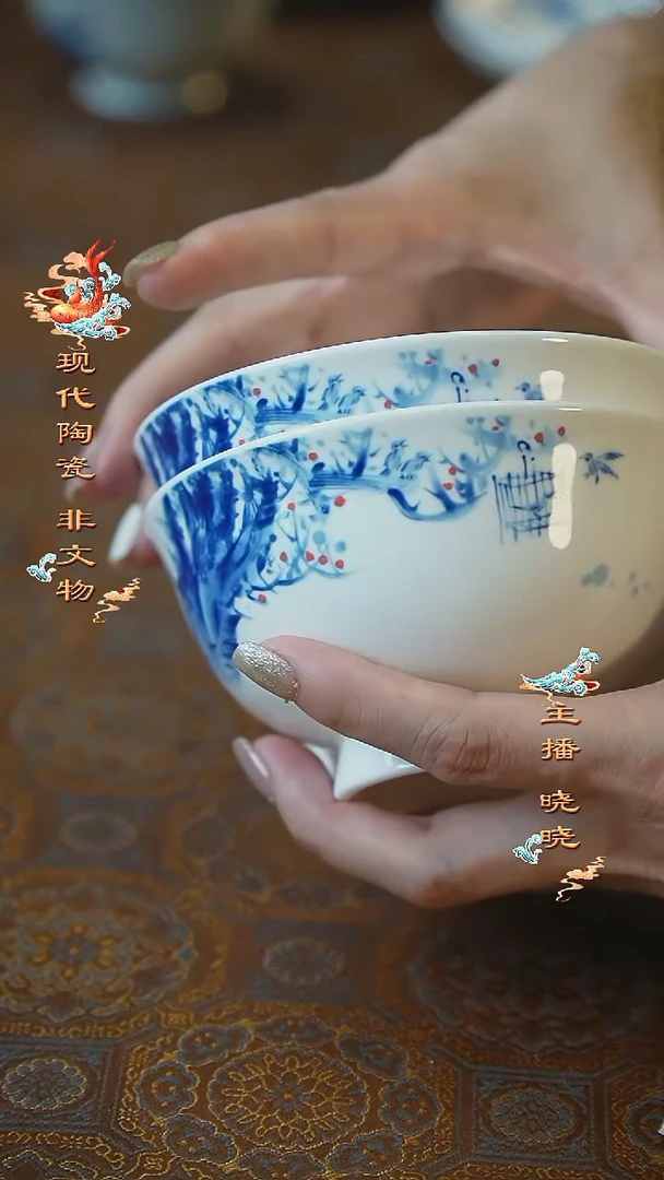 摆件景德镇高温瓷器釉中彩牧归饭碗一对