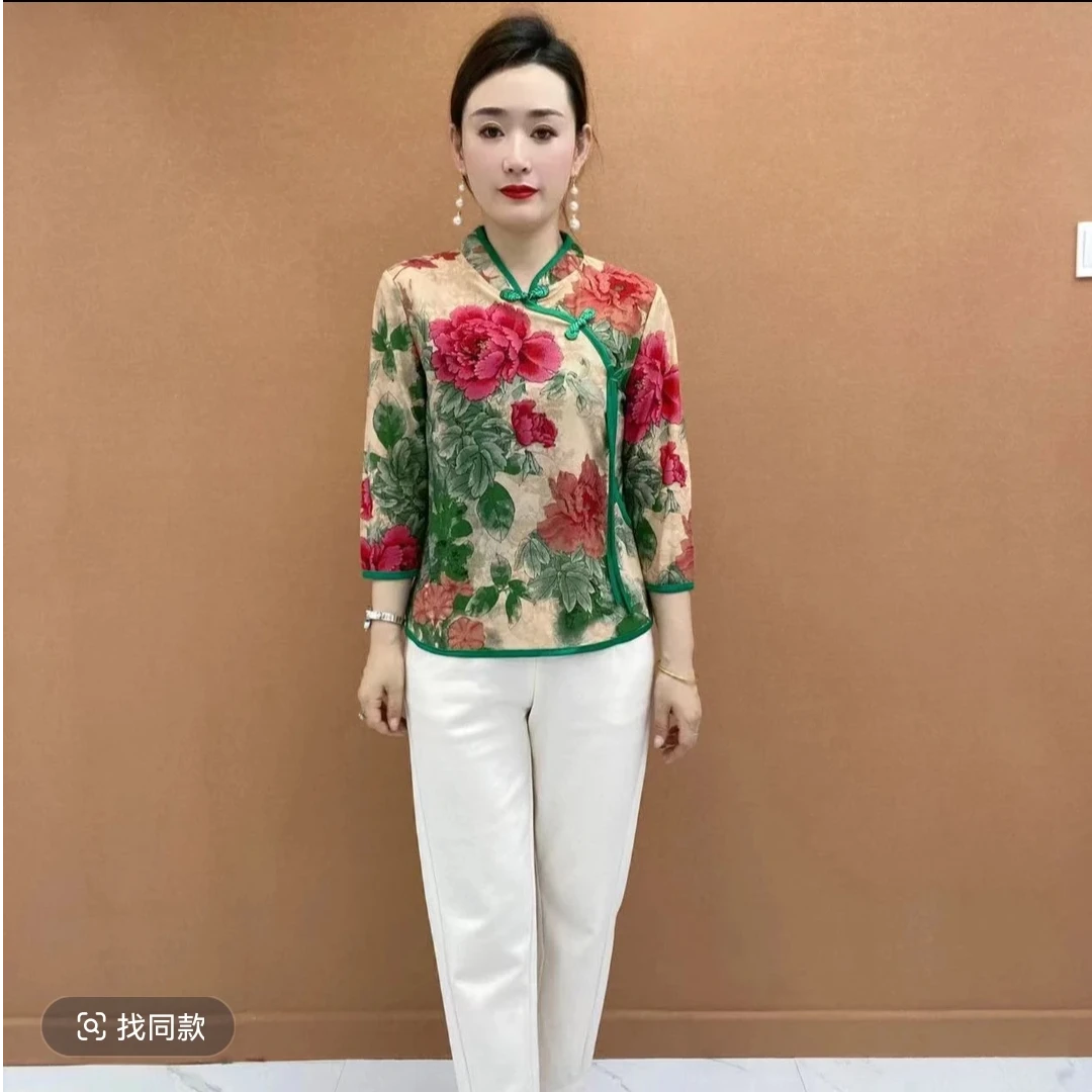 春季女士中老年新款玫瑰花中袖上衣
