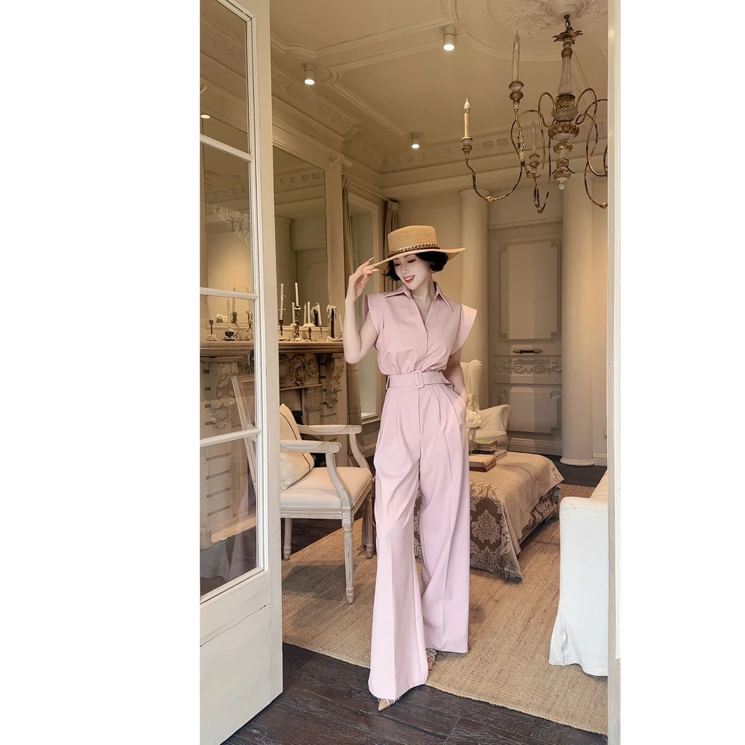 LYXJ【奢粉老钱】阔腿连体裤2025夏季新款收腰显瘦粉色气质连体裤