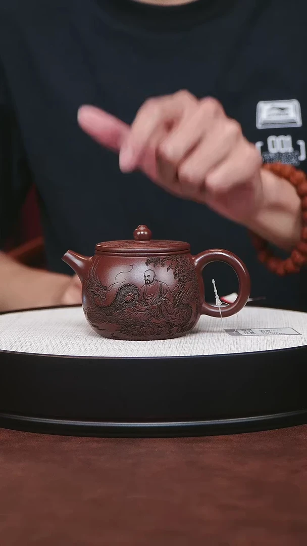 紫砂茶宠宜兴紫砂 平盖汉瓦壶石红 朱致远