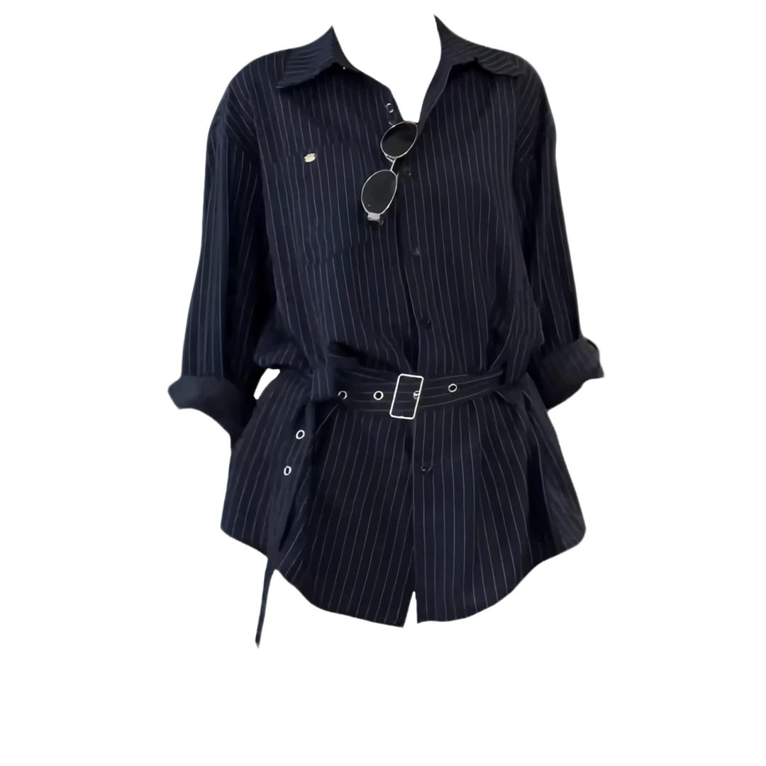 ForMR大码胖MM韩系设计感小众衬衫秋季新款宽松显瘦长袖条纹上衣