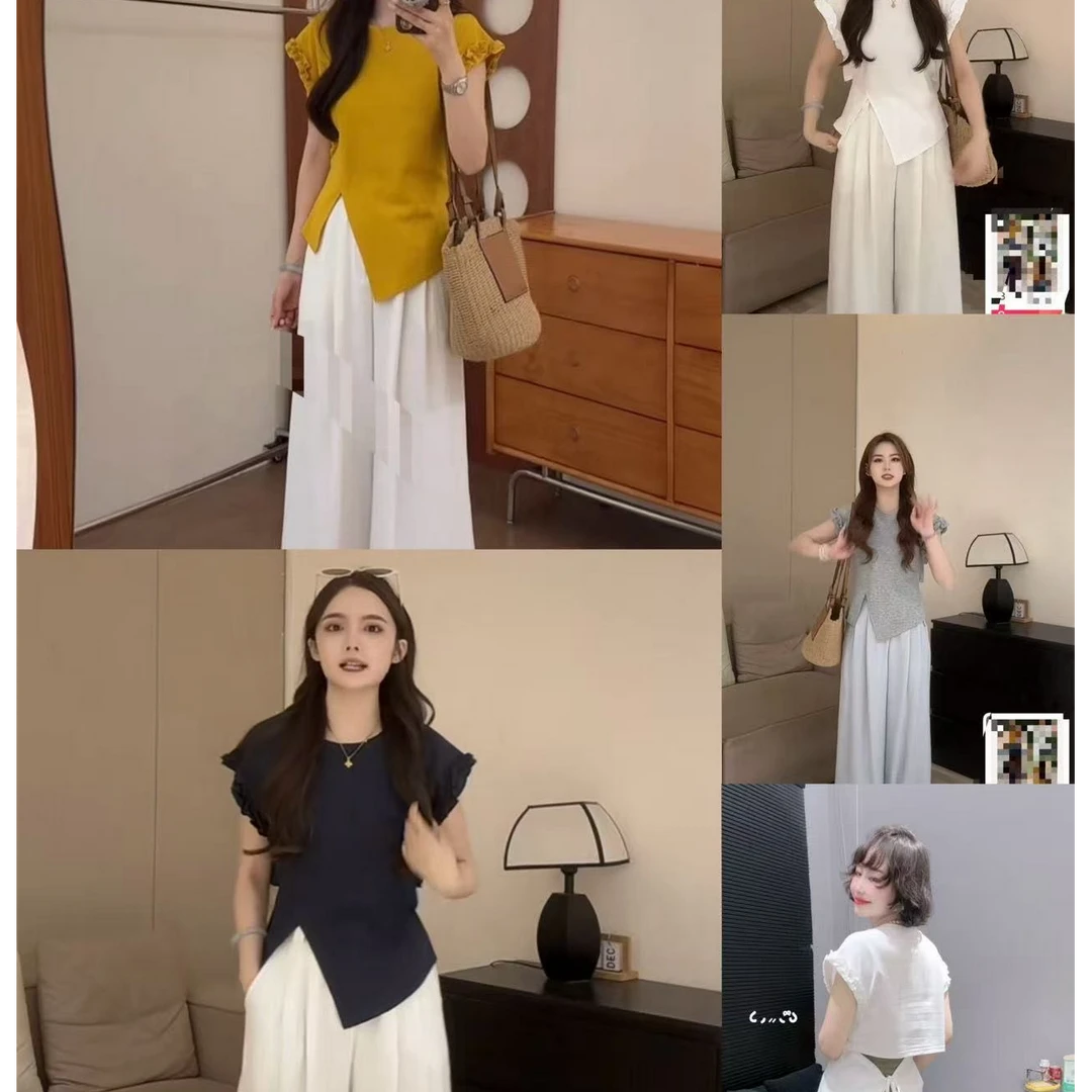 大码夏季法式开叉百搭木耳边无袖T恤女系带收腰镂空洋气上衣+裤子