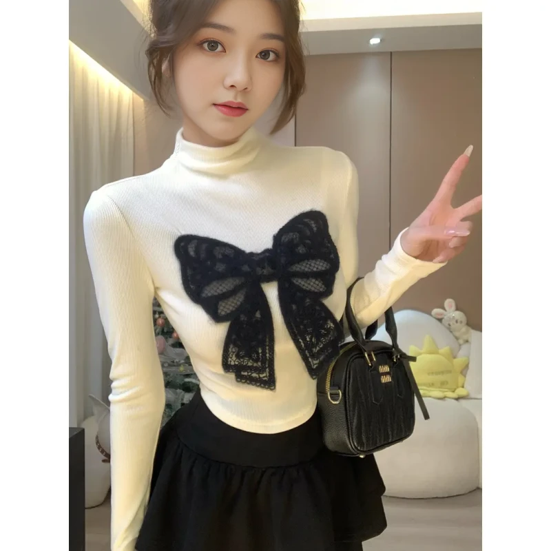 蝴蝶元素少女感秋冬半高领修身设计感打底上衣