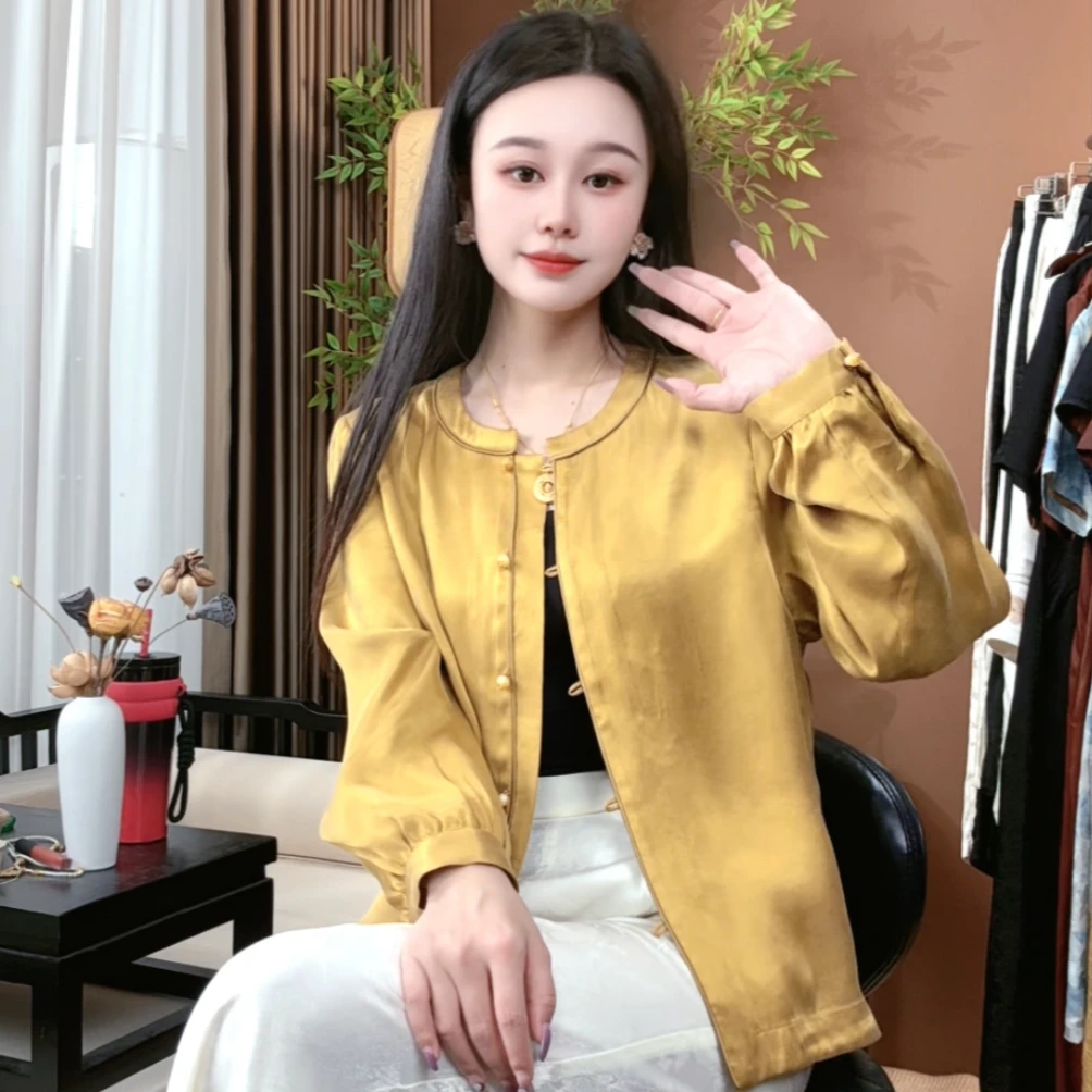 秋季新款100%桑蚕丝时尚大王缎上衣圆领透气百搭国风上衣女S327