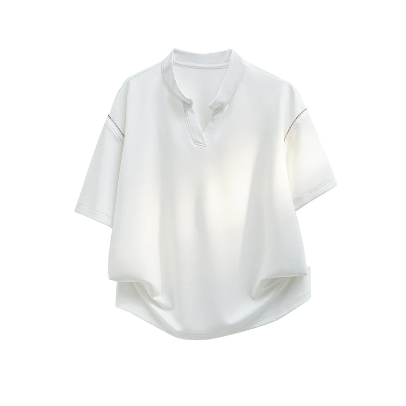 美式机车V领短袖T恤设计感T恤肩部拉链时尚设计半袖2025夏季新款