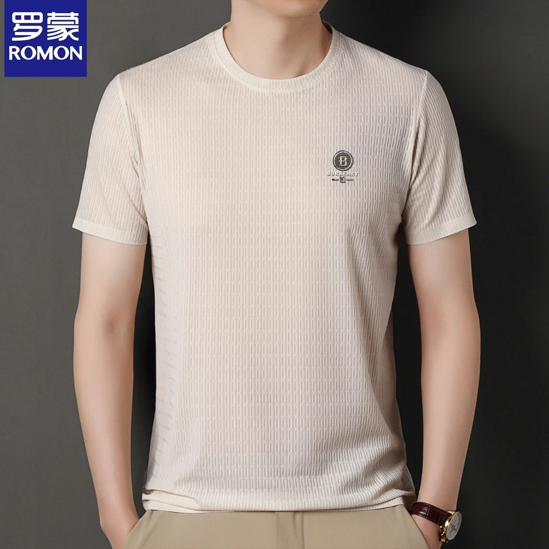 Romon/罗蒙新款男士T恤高品质夏季圆领精致冰丝短袖潮流透气半袖