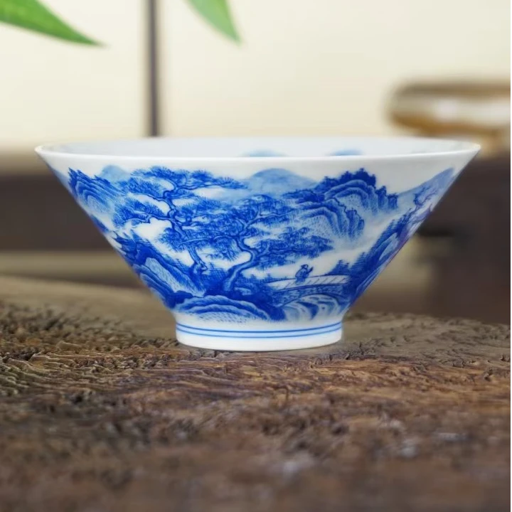 溪山堂青花山水内外满绘大斗笠纯手工手绘柴窑景德镇茶杯茶具