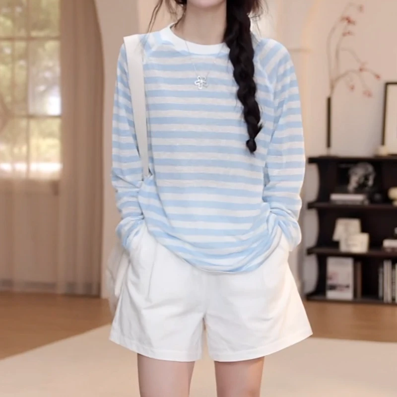 2025夏季时尚条纹防晒长袖T上衣百搭休闲短裤气质套装LK2503206