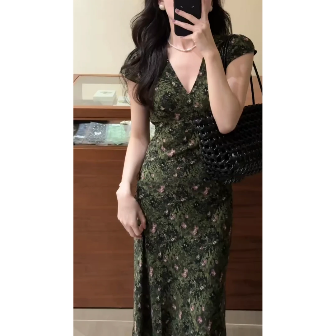 MARIE.COCO气质V领墨绿色碎花连衣裙女夏季美式复古收腰包臀长裙