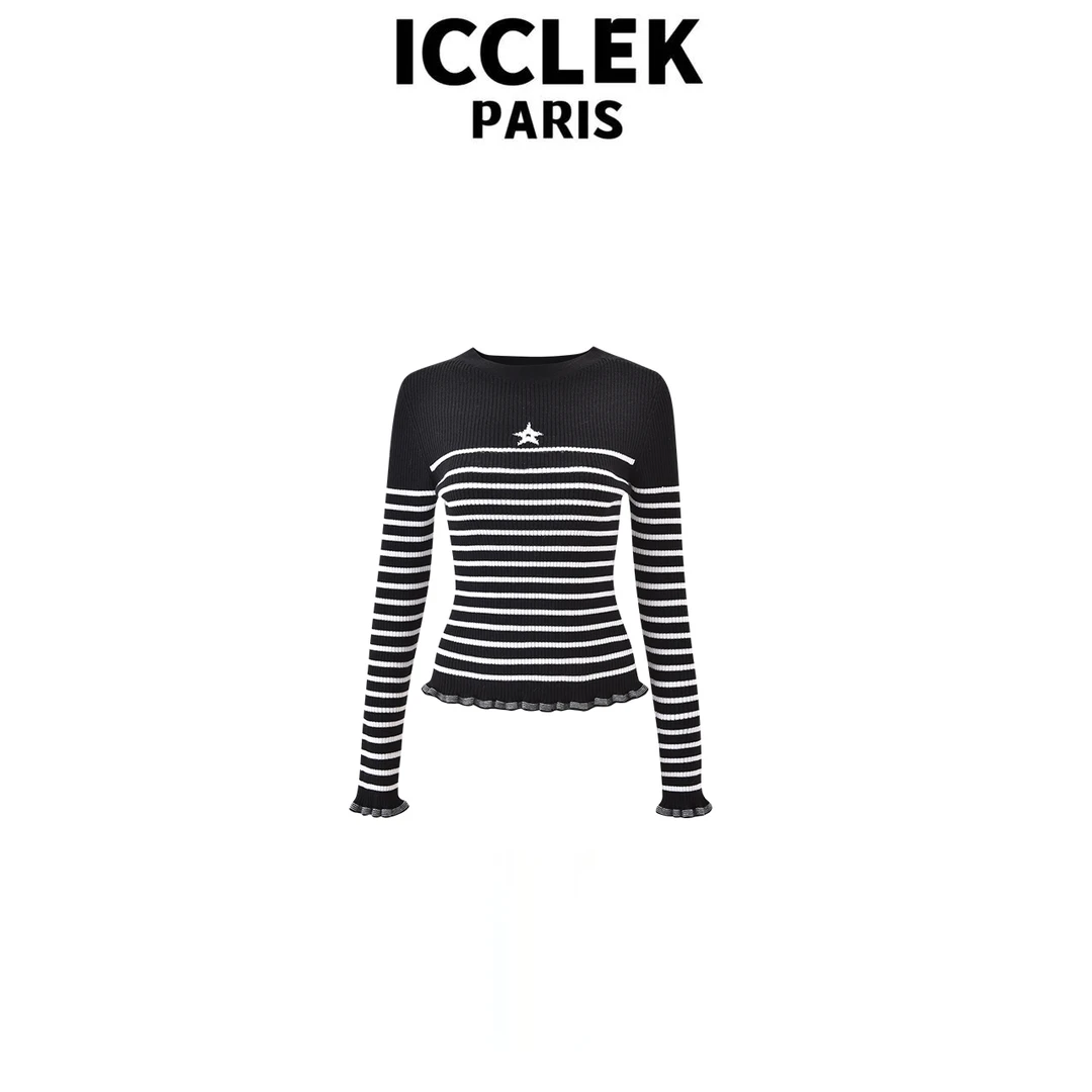 ICCLEK 条纹荷叶袖五角星长袖针织衫 气质 轻奢 修身 显瘦 - 3002