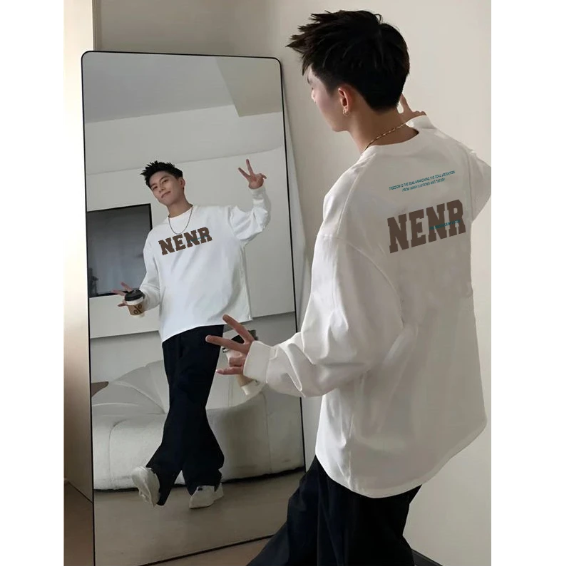 特大码300斤2025春秋新款重磅字母印花长袖男生高街宽松百搭上衣