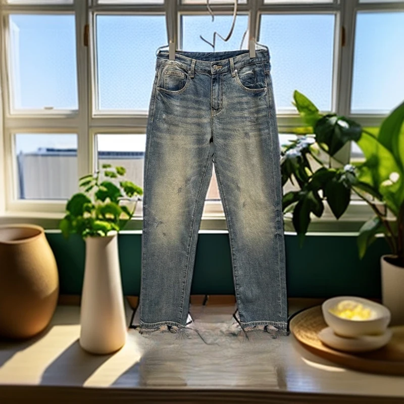 娜罗普西潮流个性帅气薄款直筒裤男士春夏新款字母提花百搭牛仔裤