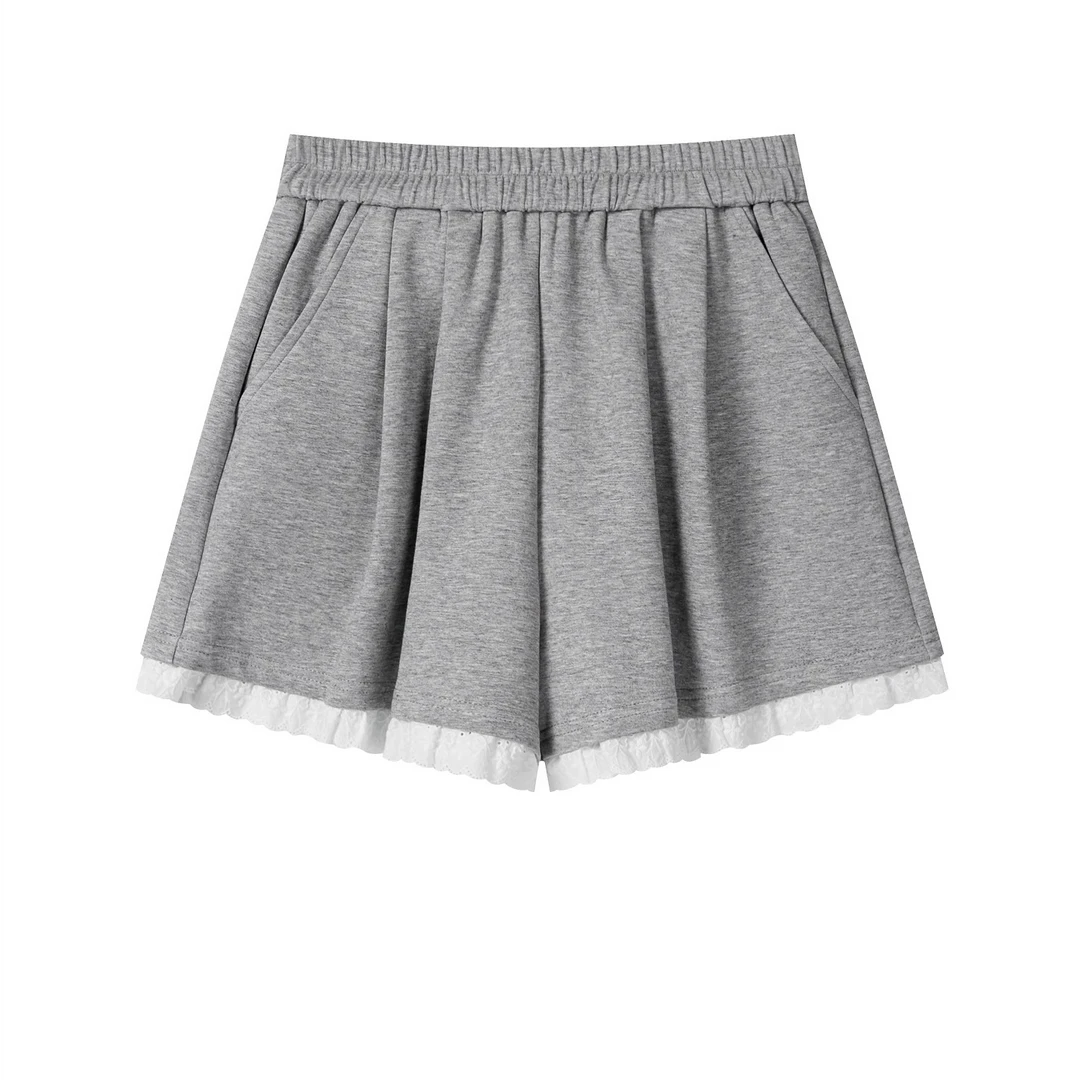 羊城故事-灰色蕾丝花边休闲短裤女高腰运动直筒裤子Y50651037