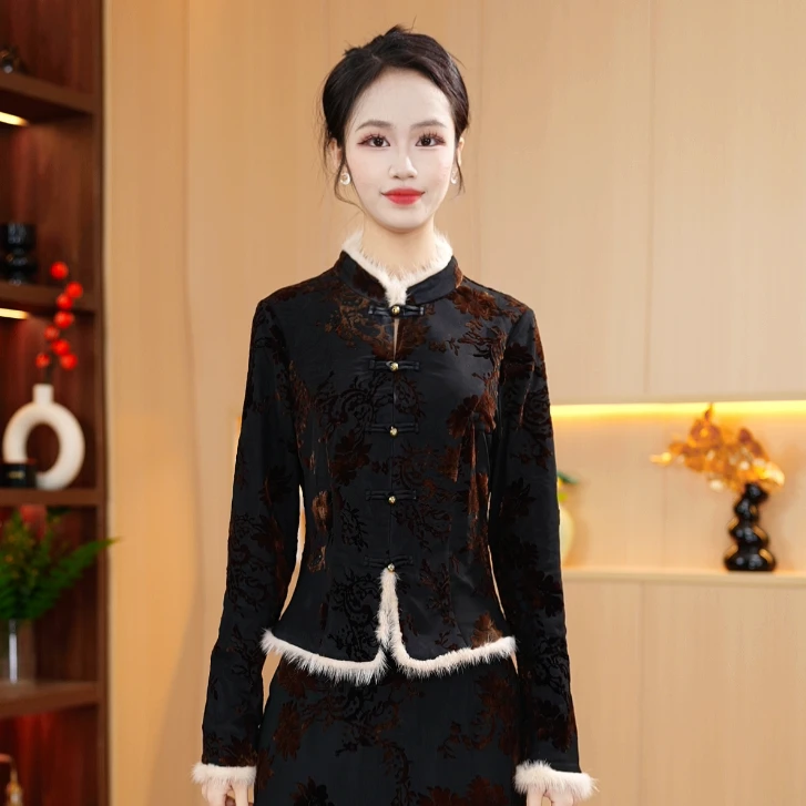 新中式复古国风盘扣收腰气质显瘦加厚套装两件套M-4XL