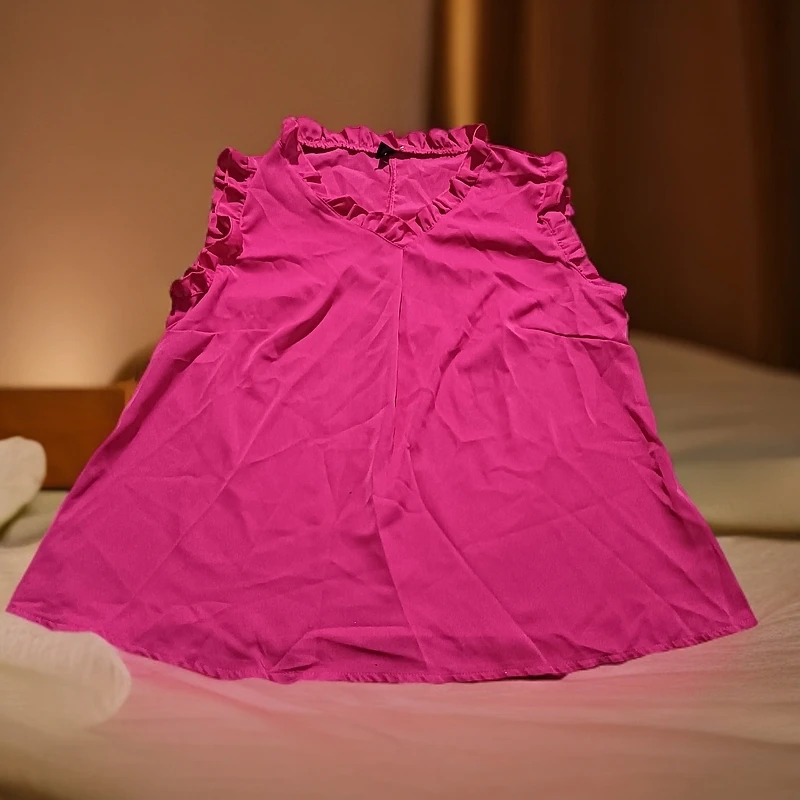 304玫红飞飞边外贸原单没吊牌背心