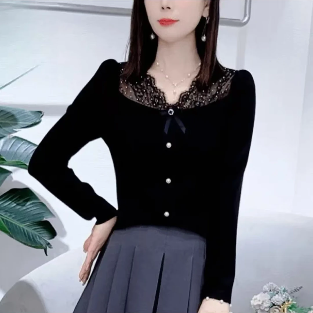 7185【衣长53】春季新款时尚长袖女气质蝴蝶结减龄百搭T恤打底上衣