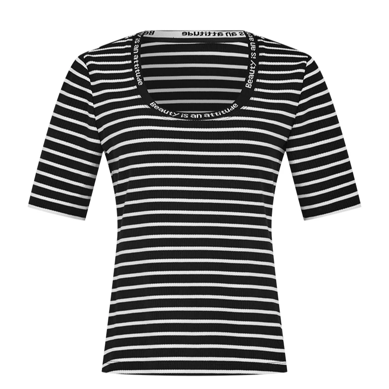 【籽言专属】曼德诗针织T恤新款经典黑白条纹复古打底衫