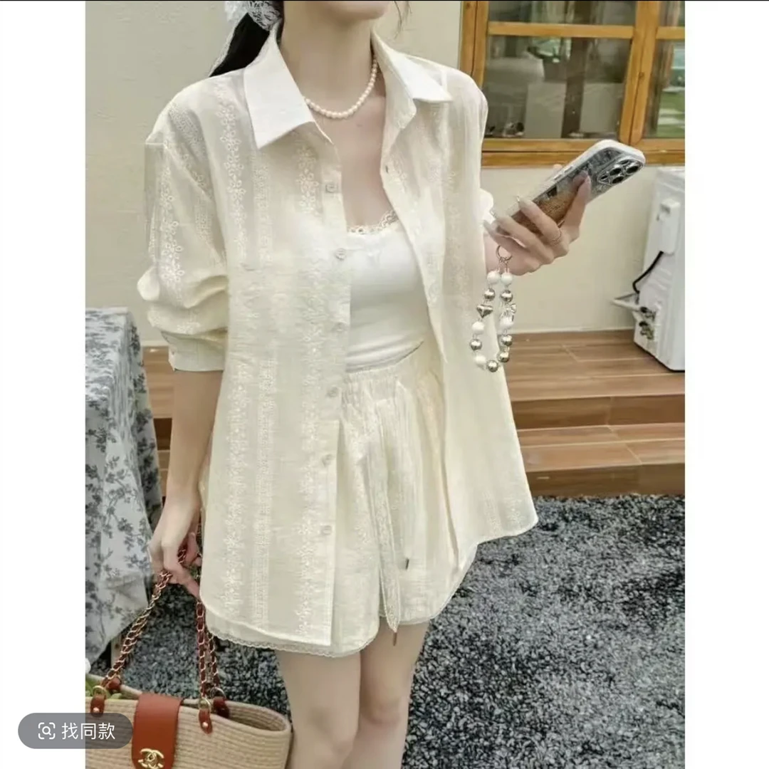 【现货】薄款蕾丝钩花防晒衬衫女2025夏季新款韩版宽松显瘦长袖外搭